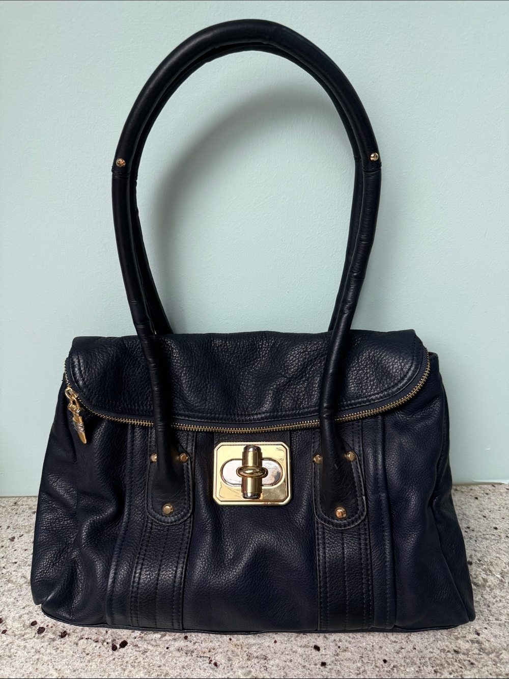 B. Makowsky Navy Blue Pebbled Leather Turn Lock Shoulder Tote Satchel Large